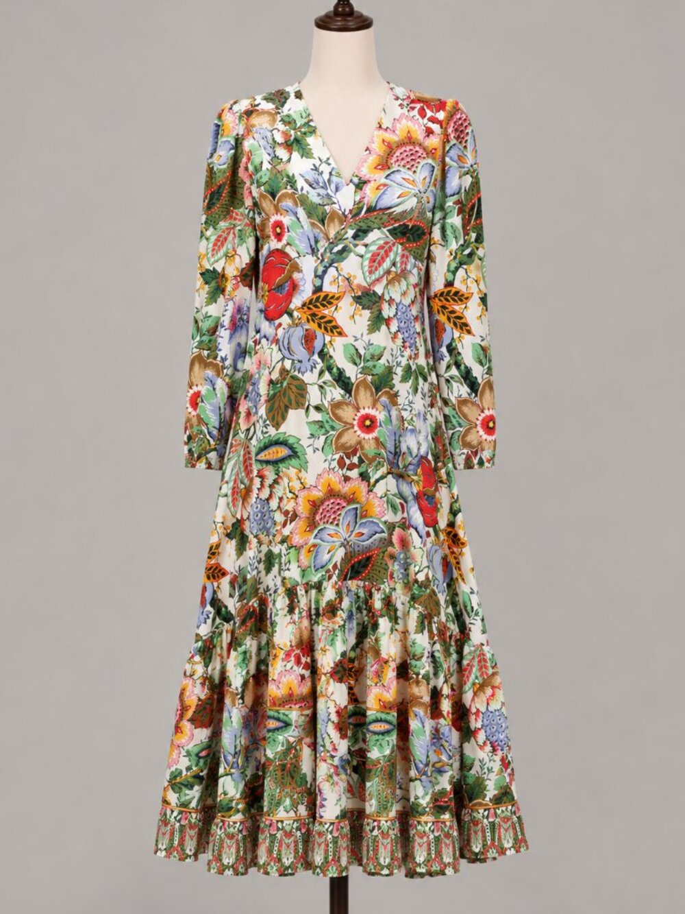 Etro Dress 40 Multicolor Floral Silk V-Neck Long Sleeve Ruffle Maxi Fit Flare S